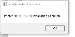 Printer Installation Complete Dialogue Box